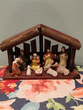 Hand-Painted Wooden Nativity Stable with Figurines - Multi-Color